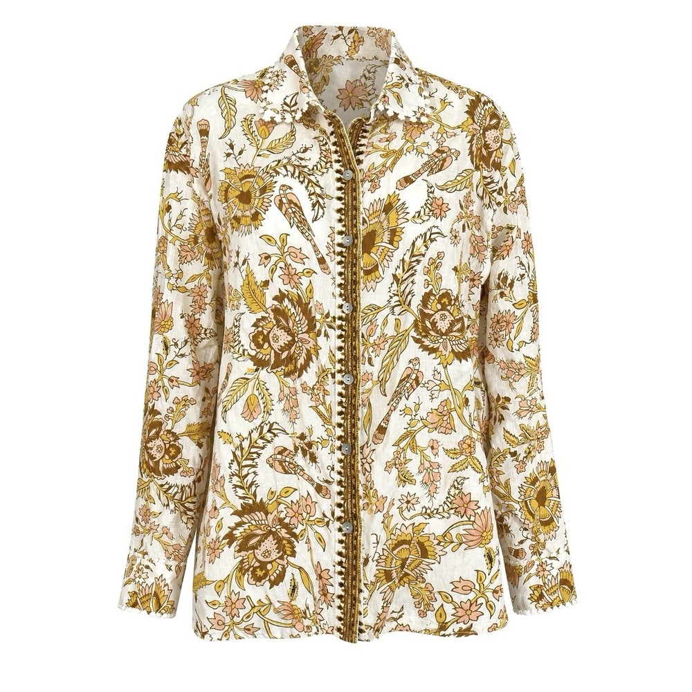 NWT Magaschoni Yellow Floral 100% Linen Button Shirt Sz S Botanical Resort Wear